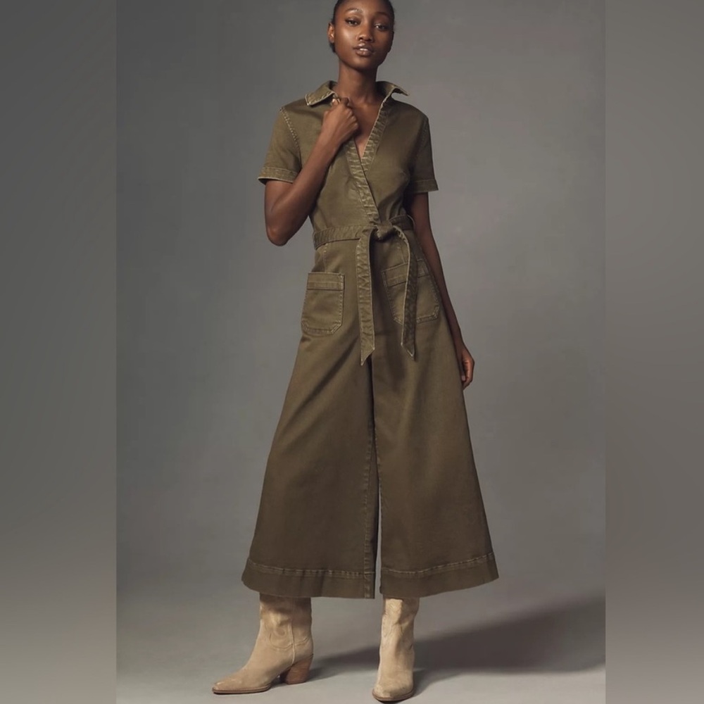 Anthropologie Maeve Colette Denim Jumpsuit Olive Green Belted Size 0 NEW